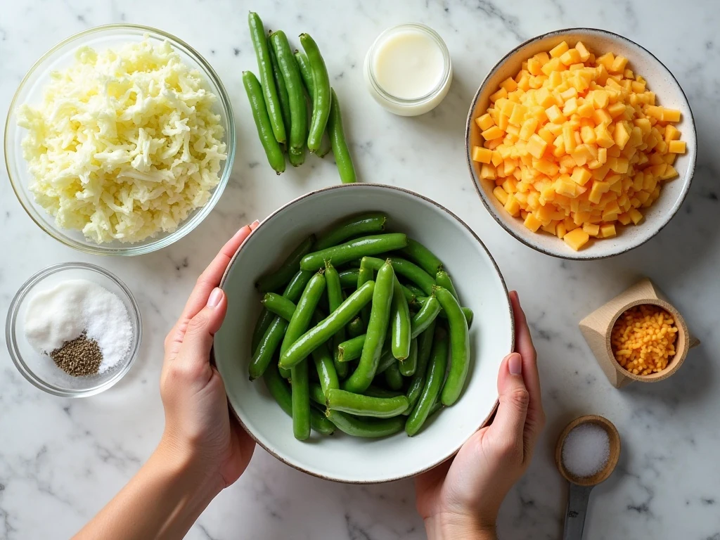 Ingredients for cheesy green beans and cabbage recipe