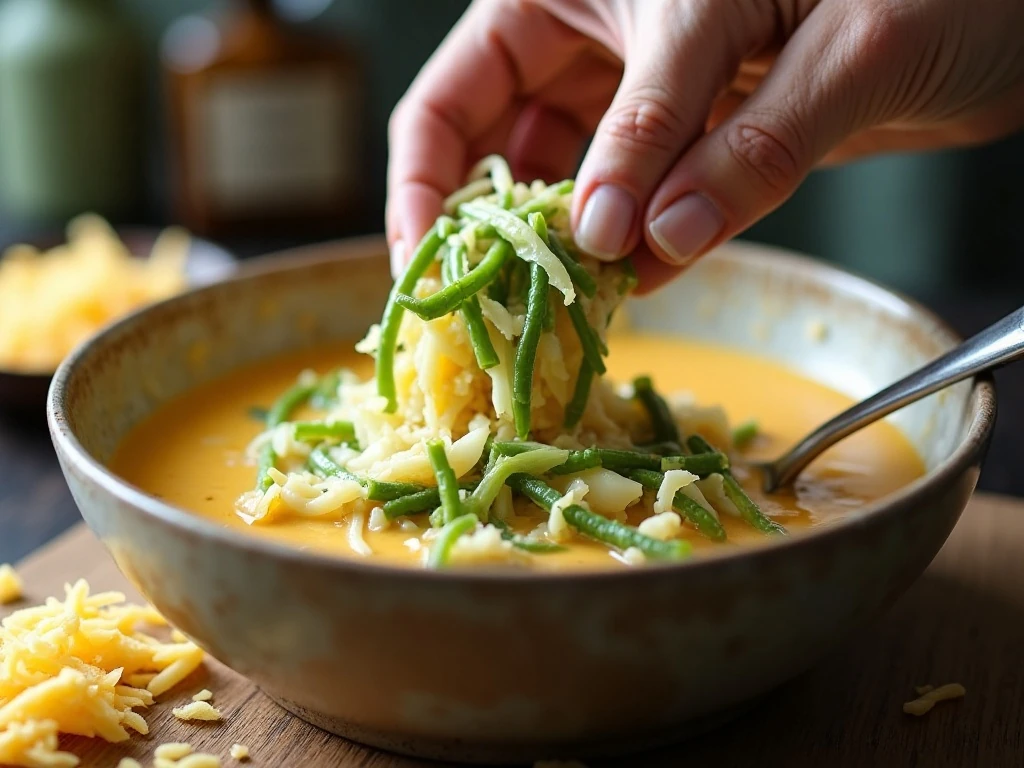 Mixing cabbage and green beans with creamy cheddar sauce