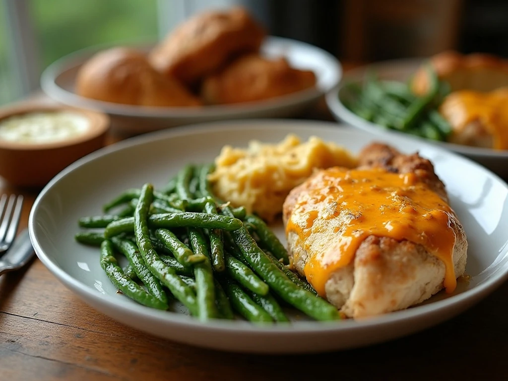 Cheesy green beans and cabbage served as a side dish