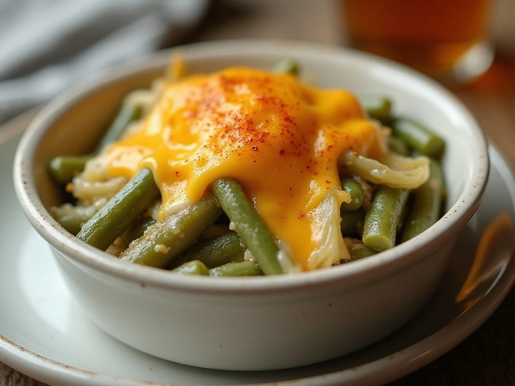 Reheated cheesy green beans and cabbage casserole