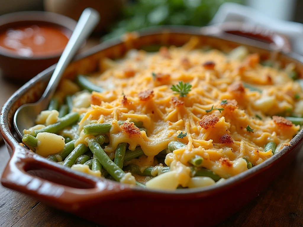 Cheesy green beans and cabbage casserole ready to serve