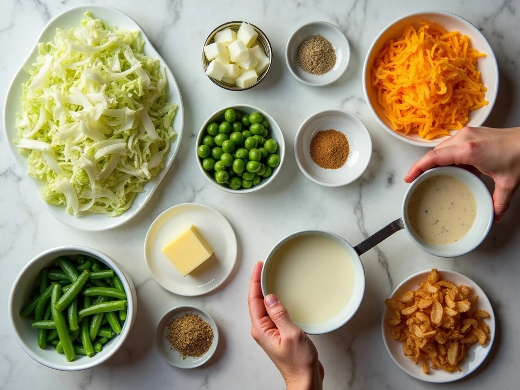 Ingredients for cheesy green beans and cabbage casserole