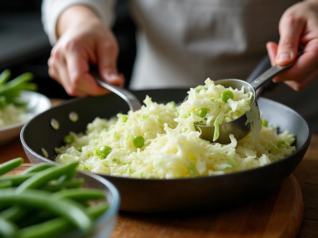 Cooking cabbage and onion for green bean casserole