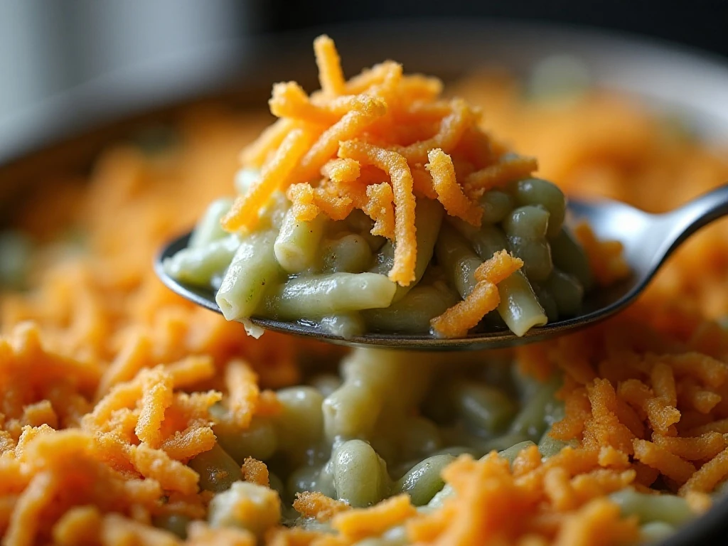 Crispy onions and cheddar topping the casserole