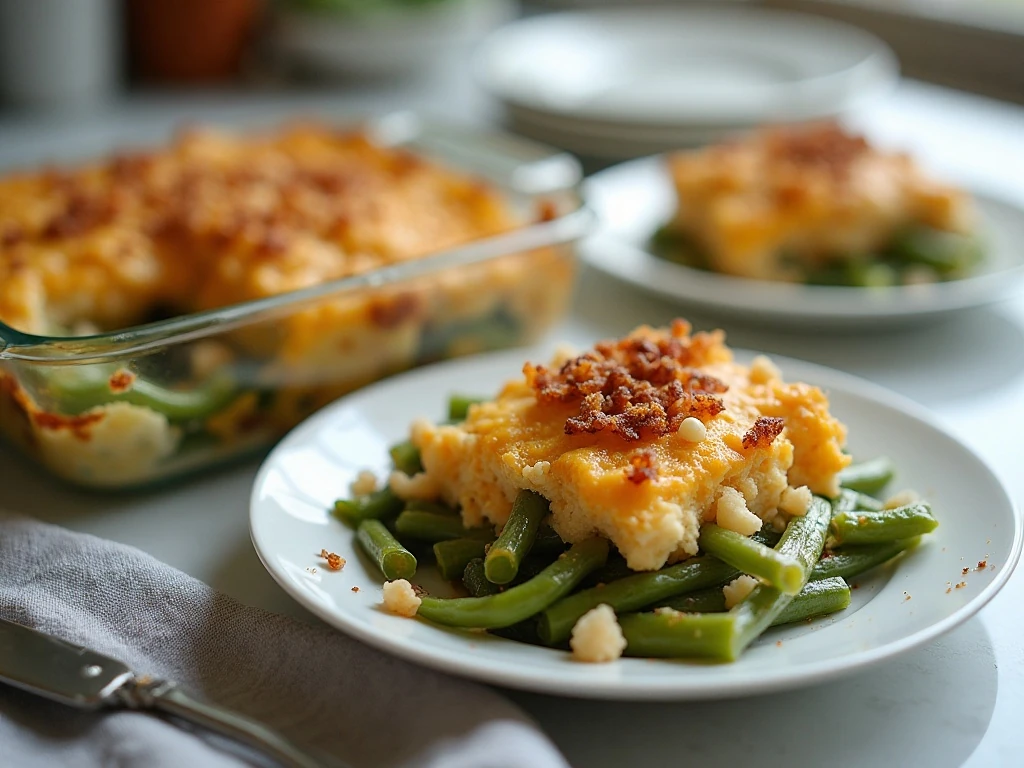 Stored and reheated cheesy green beans and cabbage casserole