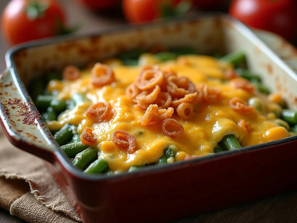 Cheesy green bean casserole with melted cheddar and crispy fried onions
