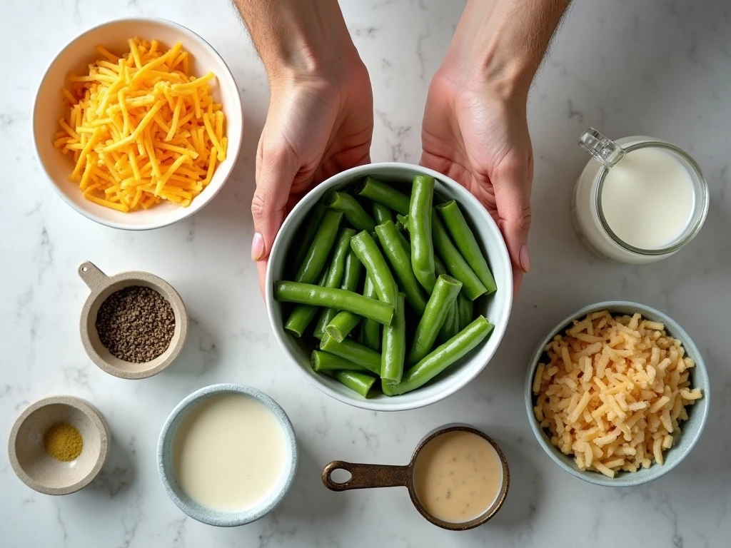 Ingredients for cheesy green beans casserole arranged on a kitchen counter