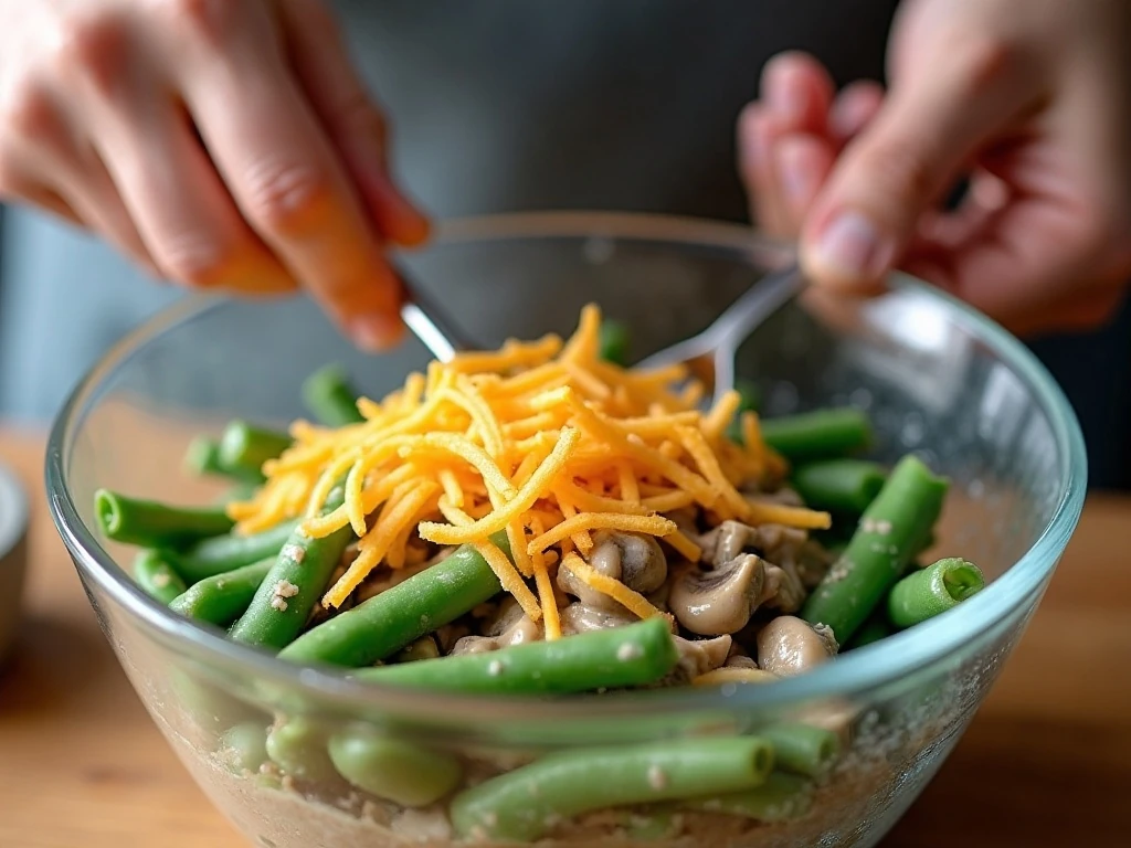 Mixing green beans with creamy soup, cheddar cheese, and fried onions
