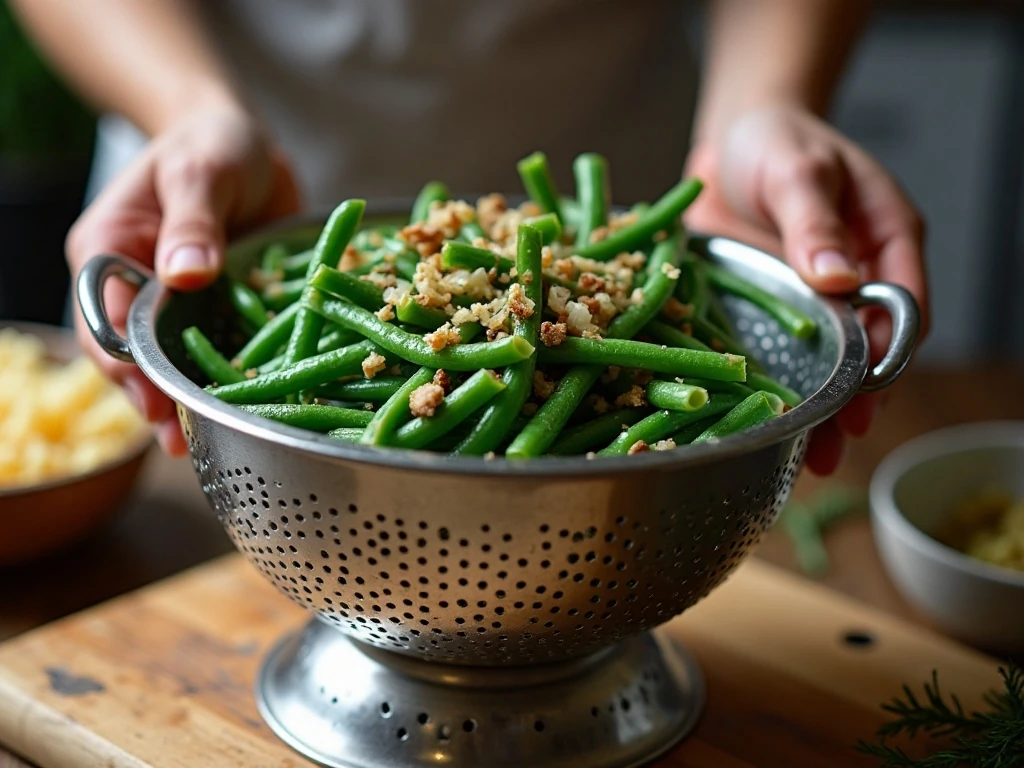 Well-drained green beans prepared for a creamy casserole