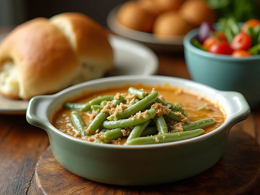 Cheesy green beans served with roast chicken and mashed potatoes