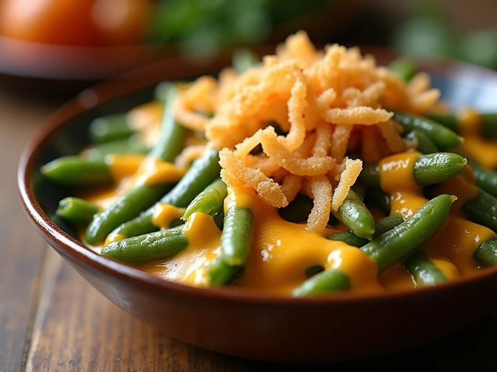 A serving of reheated cheesy green beans with crispy onion topping