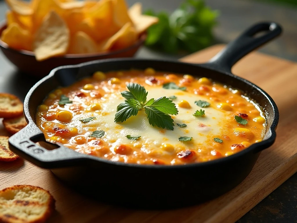 Bubbling cheesy grilled corn ricotta dip served with tortilla chips and grilled bread