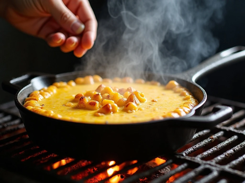 Grilled corn ricotta dip heating in a cast-iron skillet