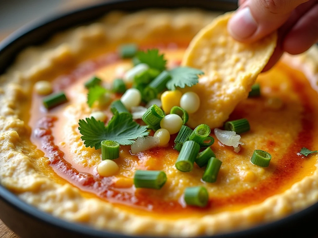 Garnished grilled corn ricotta dip with scallions, herbs, Parmesan, and hot sauce
