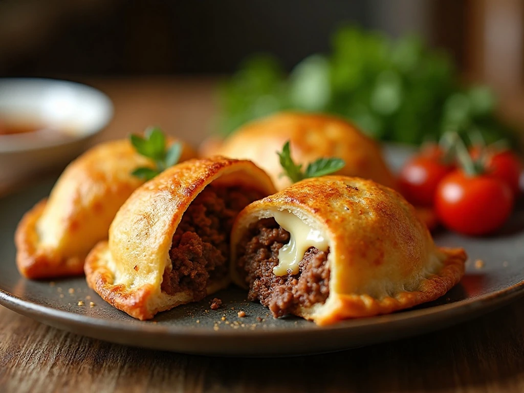 Golden cheesy ground beef empanadas served on a platter