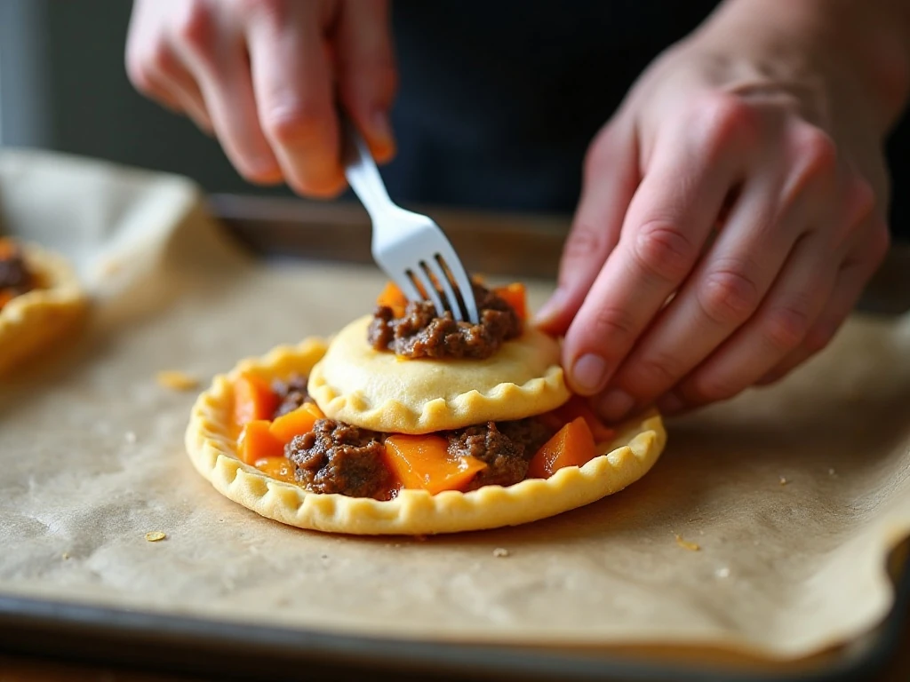 Assembling ground beef empanadas before baking