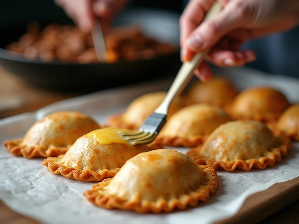 Egg washing sealed empanadas for a crisp golden crust