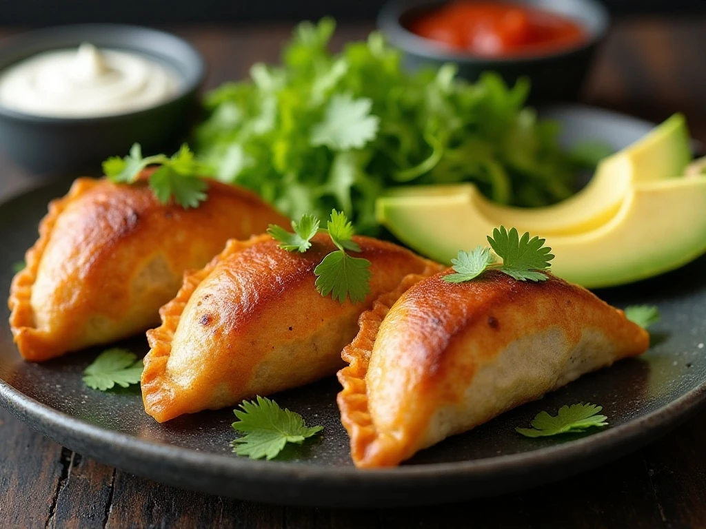 Beef empanadas served with salsa, sour cream, and fresh sides