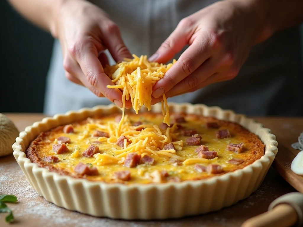 Filling a pie crust with ham potato onion and cheese