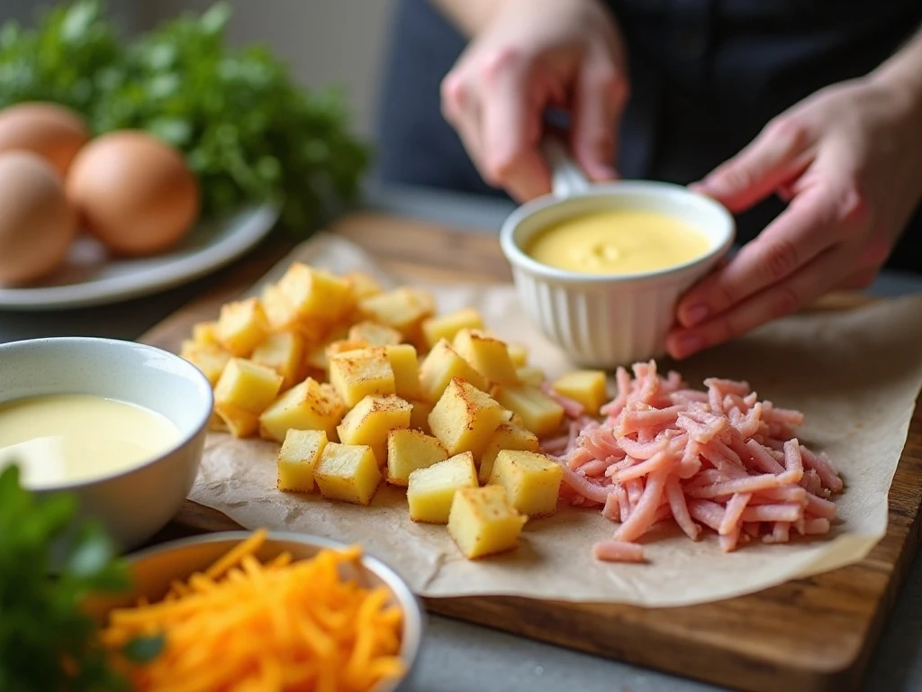 Preparing drained potatoes and custard for quiche