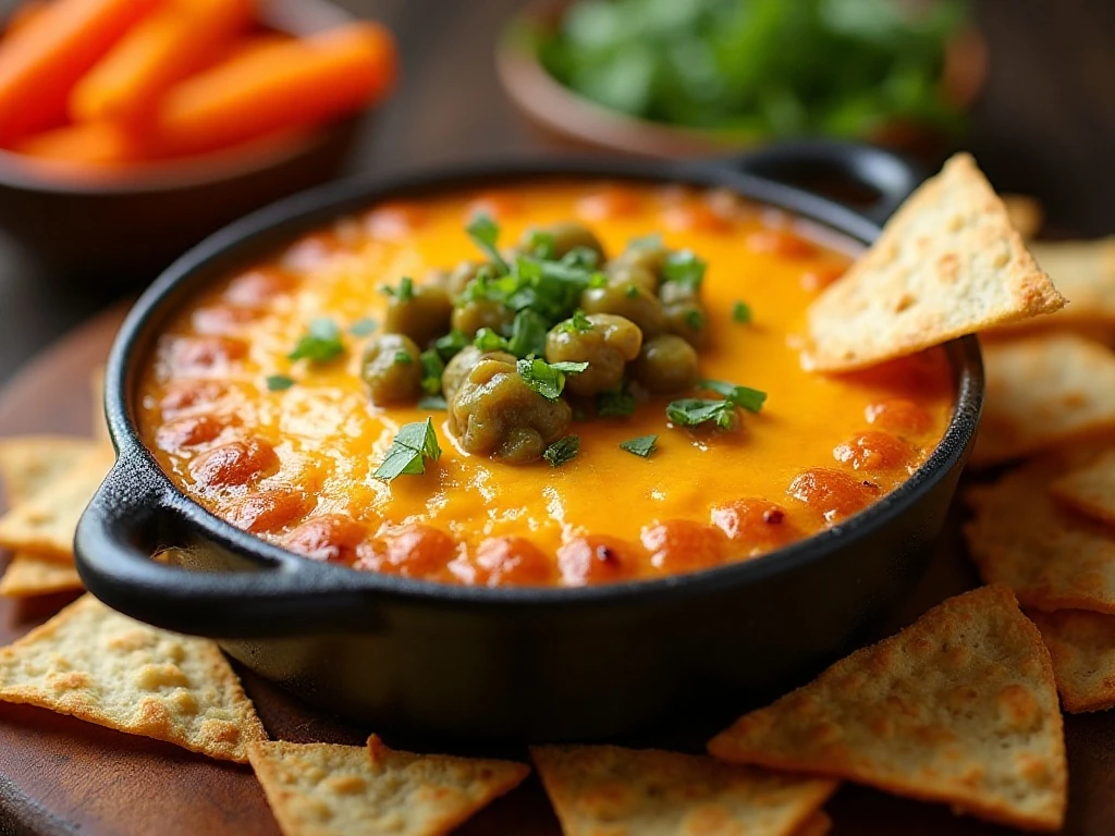 Bubbling cheesy Hatch green chile dip served with chips and vegetables