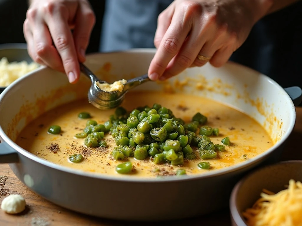 Mixing roasted Hatch chiles into the creamy dip base