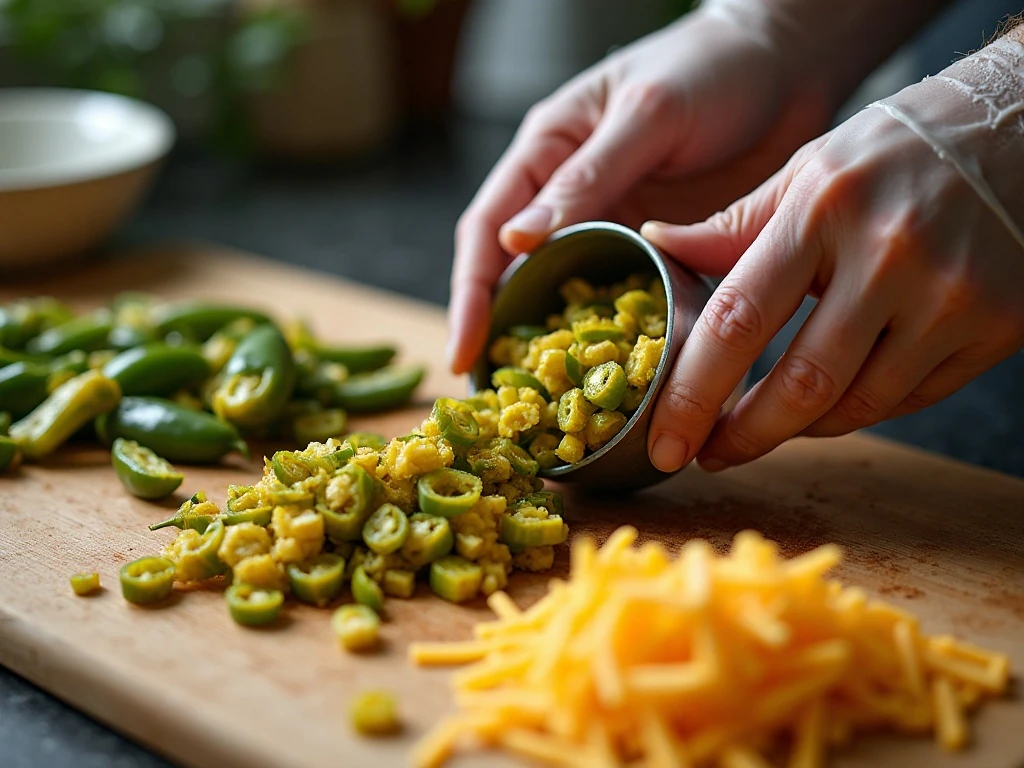 Drained roasted Hatch green chiles prepared for cheesy dip