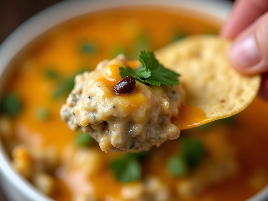 Tortilla chip scooping creamy Hatch green chile dip