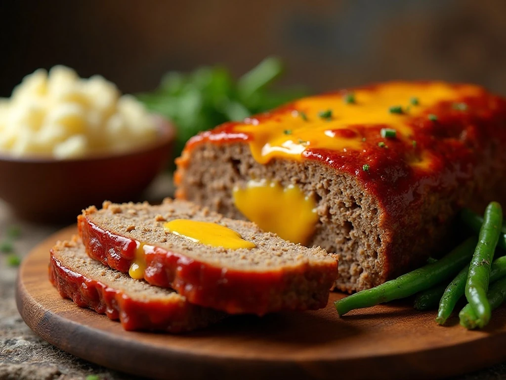 Cheesy meatloaf with a melted cheddar center served with mashed potatoes and green beans