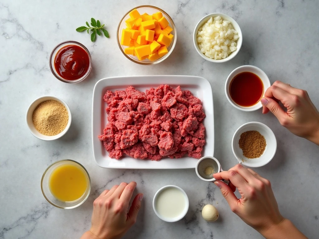 Ingredients for homemade cheesy meatloaf and its ketchup glaze
