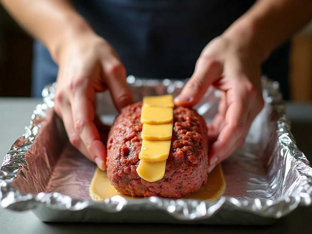 Shaping ground beef around cheddar strips to make stuffed meatloaf
