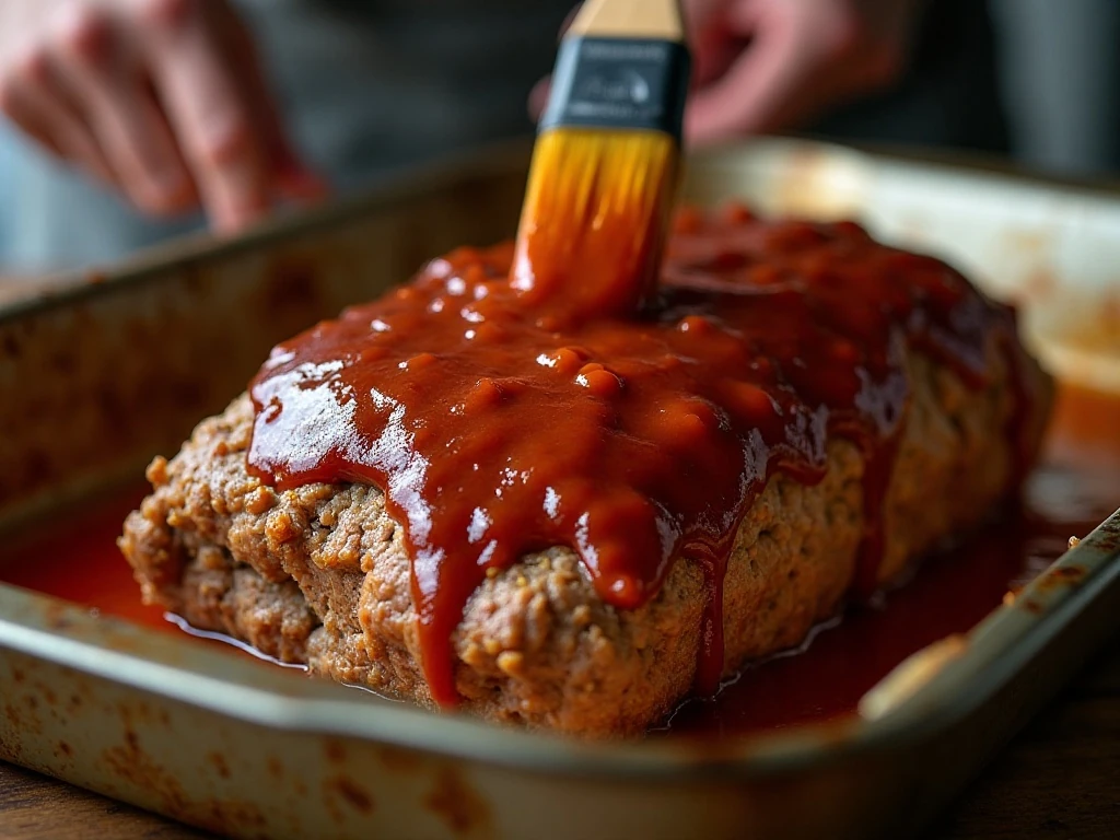 Brushing sweet ketchup glaze over meatloaf before the final bake
