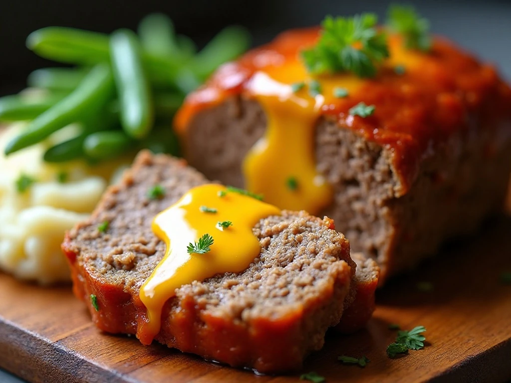 Sliced cheesy meatloaf garnished with parsley and served with classic sides