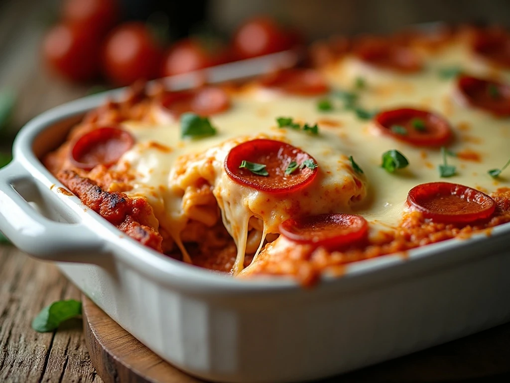 Cheesy pizza casserole with pasta, pepperoni, meat sauce, and melted mozzarella