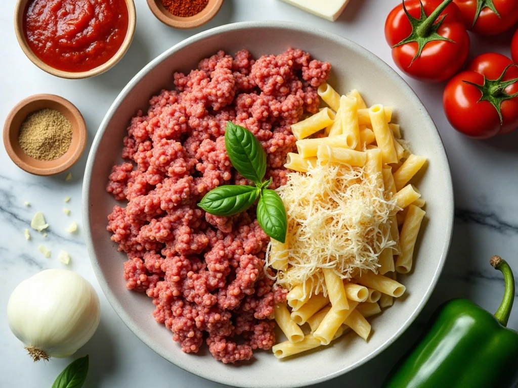 Ingredients for easy cheesy pizza casserole arranged on a kitchen counter