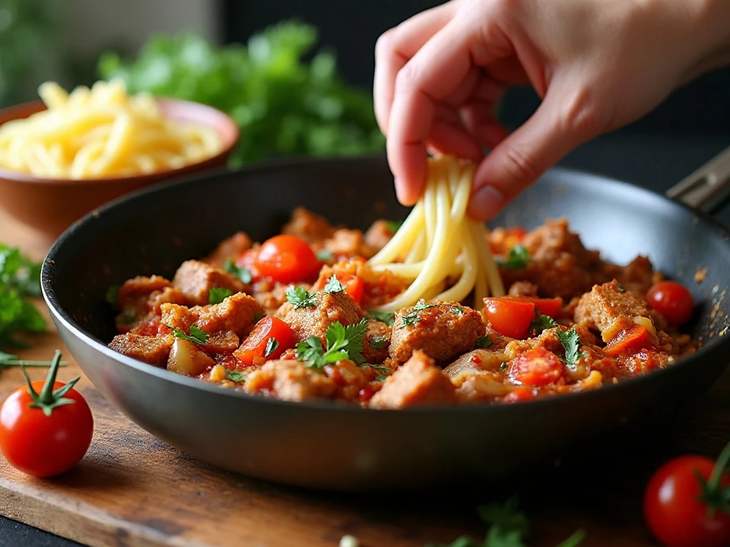 Meat and tomato sauce cooking for pizza pasta casserole