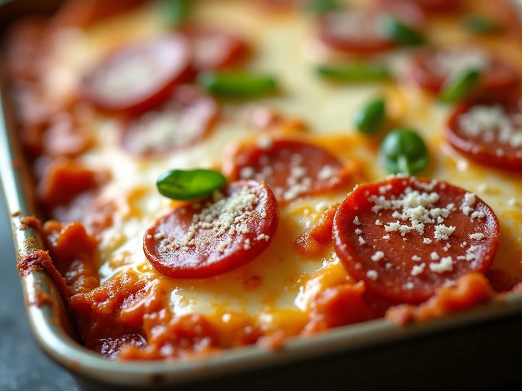 Close-up of bubbling mozzarella and pepperoni on pizza casserole