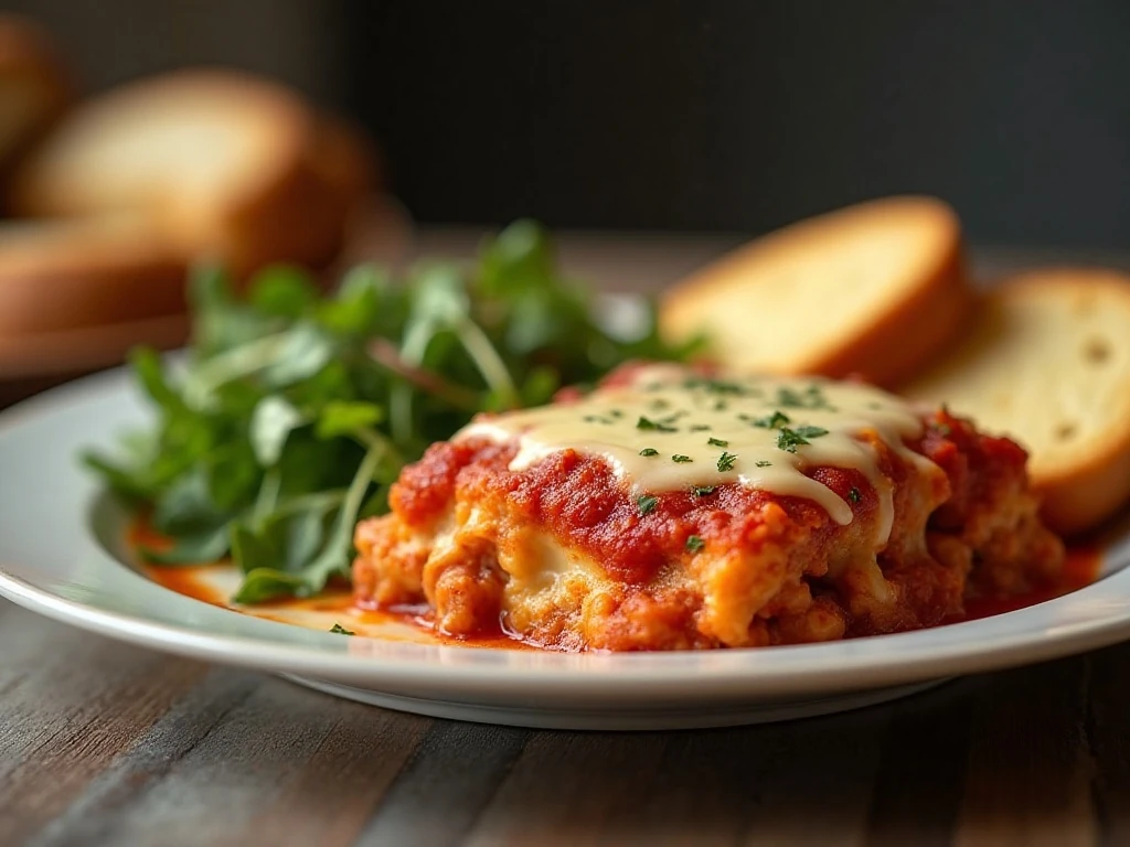 Pizza casserole served with salad and garlic bread for dinner