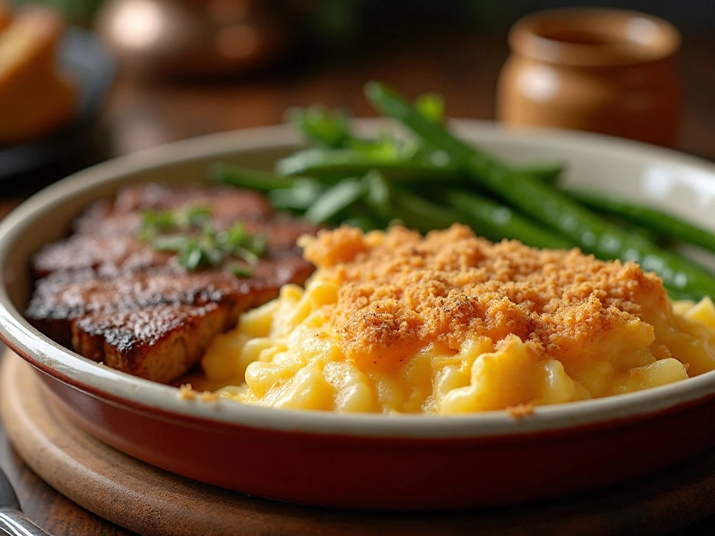 Cheesy potato casserole served as a steakhouse-style dinner side