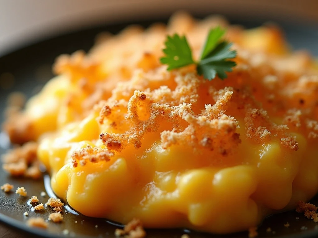Close-up of the crisp topping on cheesy potato casserole