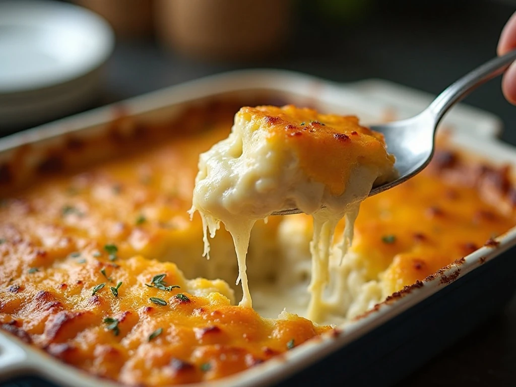 A reheated serving of cheesy potato casserole