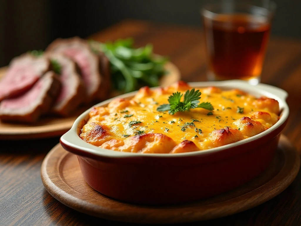 Steakhouse-style cheesy potato casserole served as a dinner side