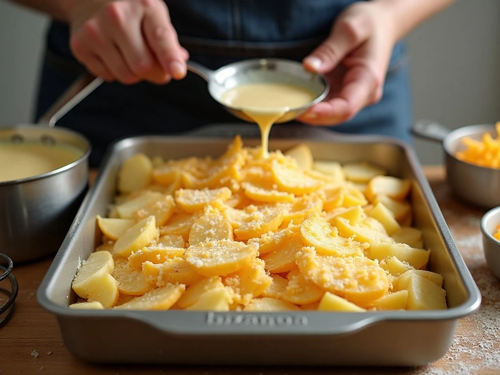 Layering thin potatoes and cheese for a potato gratin