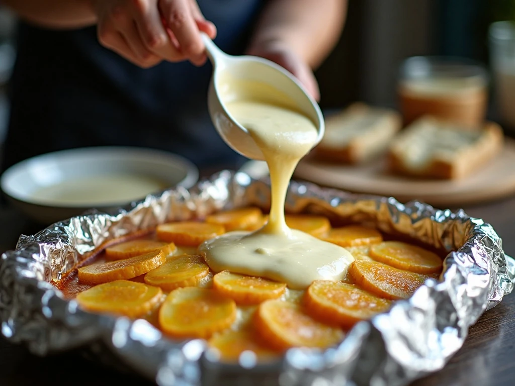 Pouring warm cream sauce over layered cheesy potatoes