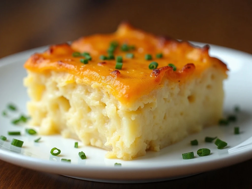 Creamy reheated cheesy potato casserole with chive garnish