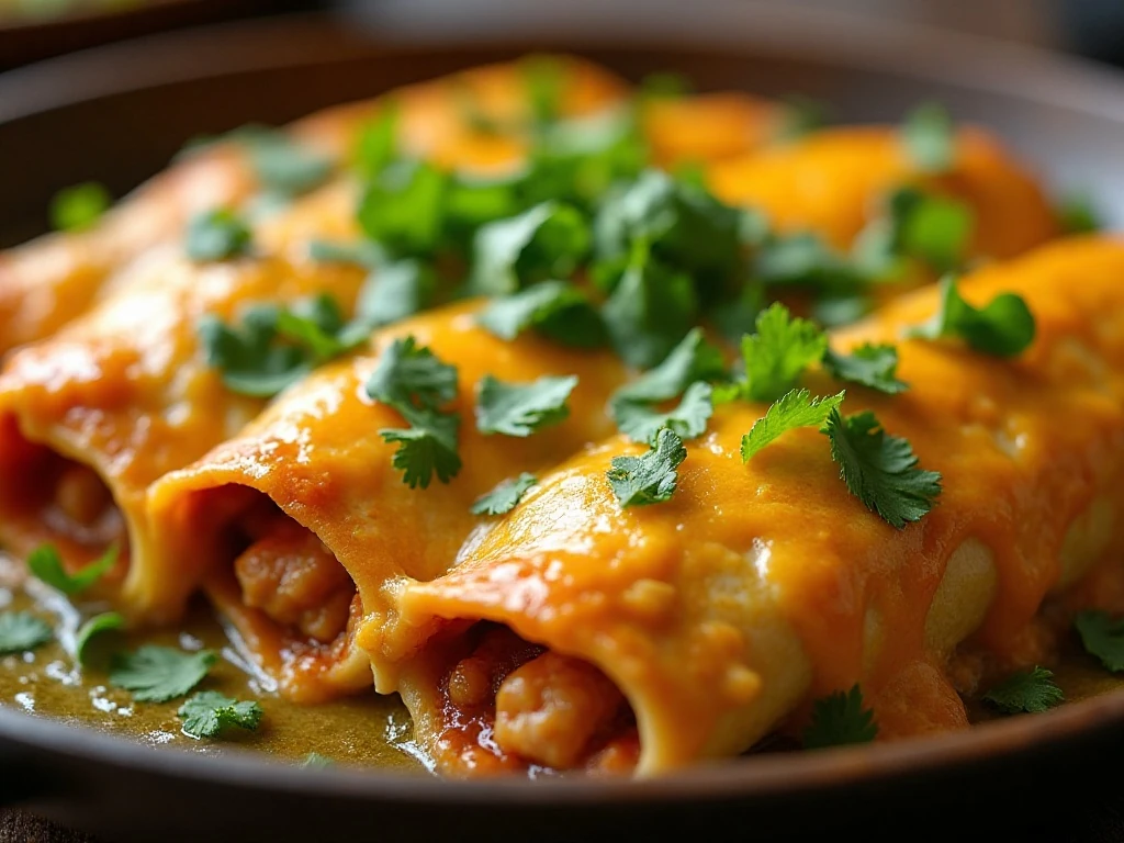 Cheesy ranch chicken enchiladas baked with green sauce and melted cheese