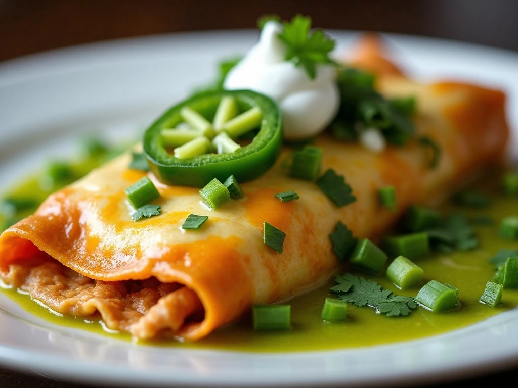 Cheesy ranch chicken enchilada with fresh garnishes and sour cream