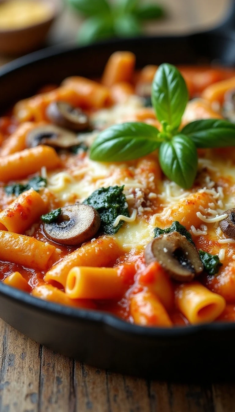 Cheesy Rigatoni Skillet with Mushrooms and Spinach