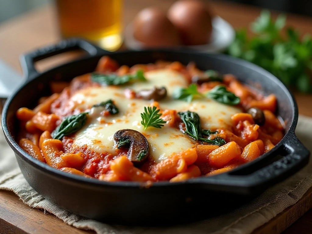Cheesy rigatoni skillet with mushrooms and spinach served bubbling in an oven-safe pan