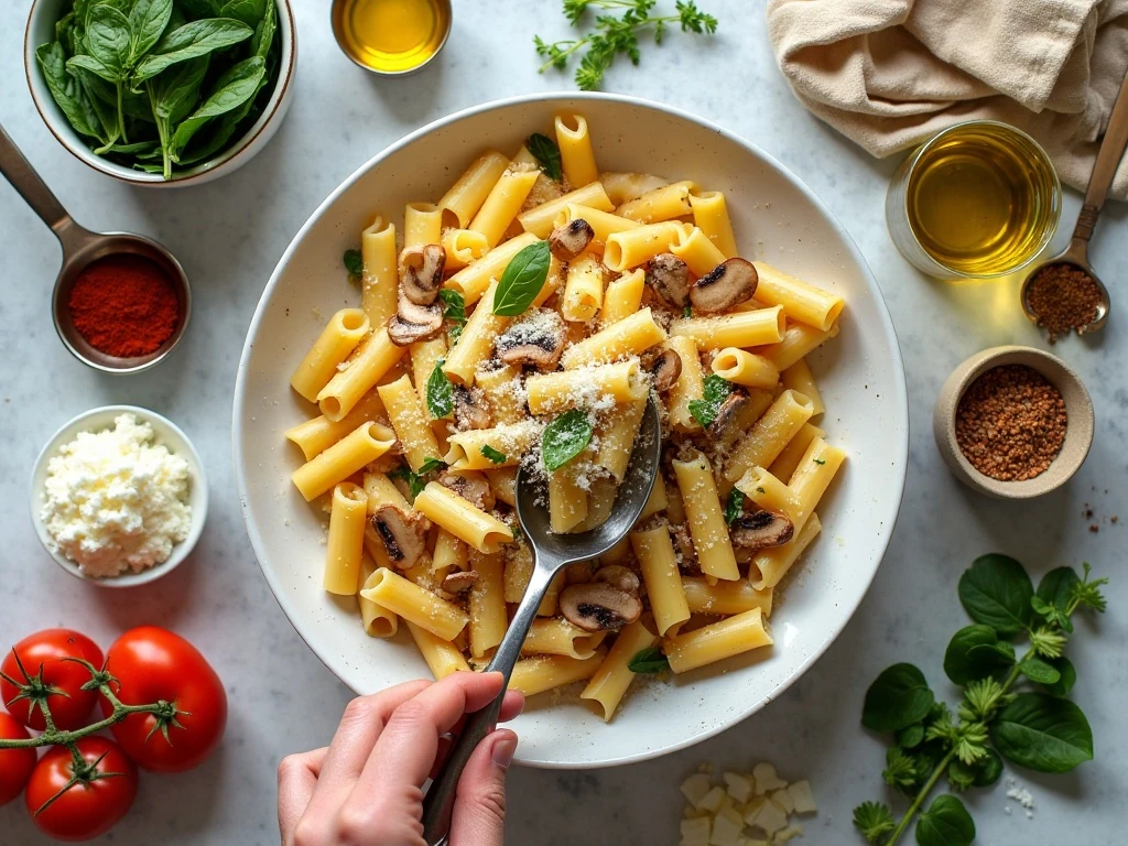 Ingredients for cheesy rigatoni skillet with mushrooms and spinach